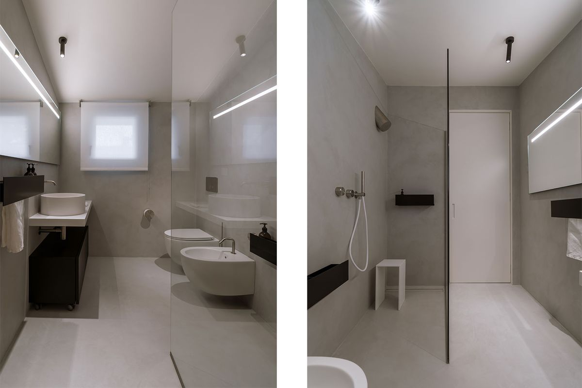 salle de bain contemporaine revêtue de béton architectural