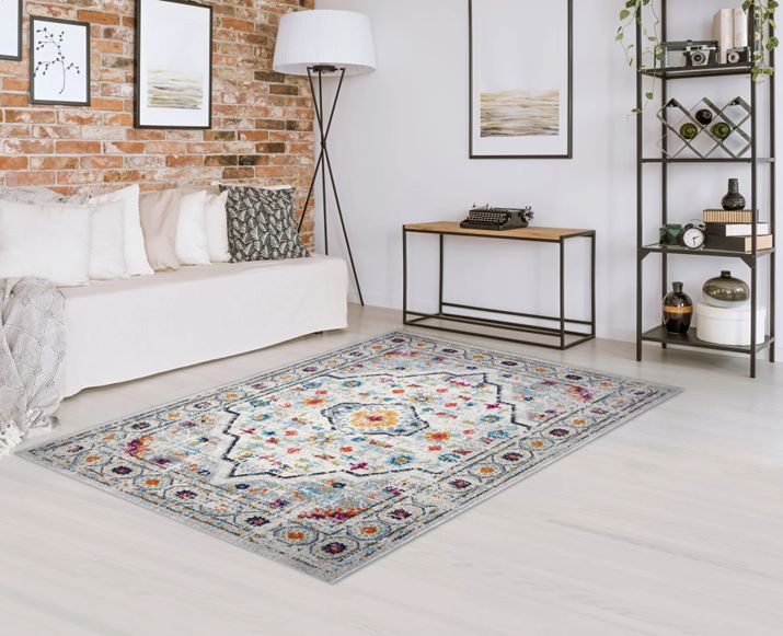 salon avec tapis coloré devant le canapé