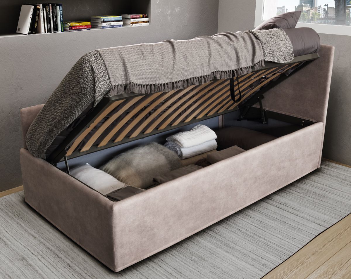 Lit simple avec coffre de rangement à ouverture latérale