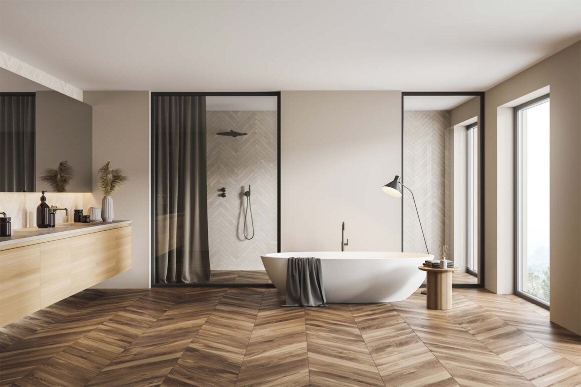 salle de bain avec sol en bois avec pose en chevron
