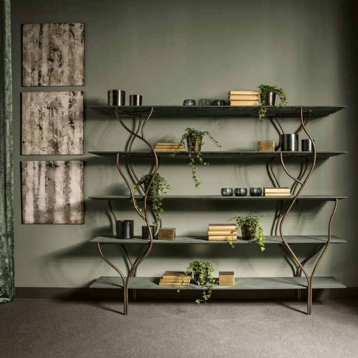 Bibliothèque spéciale en métal avec cinq étagères laquées ou en tissu