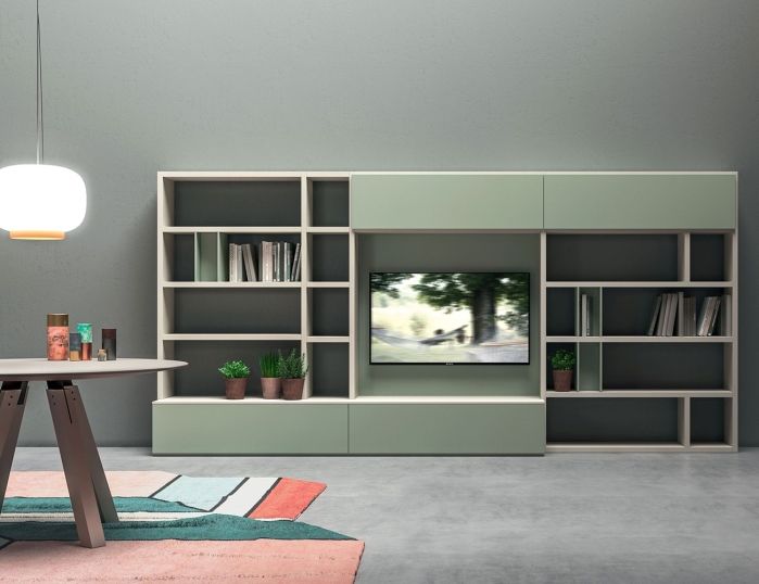 Salon avec meuble mural vert olive