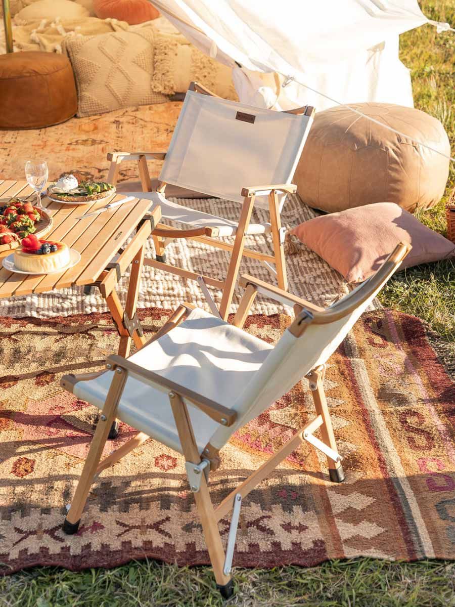 table et chaises de camping pliantes en bois et tissu