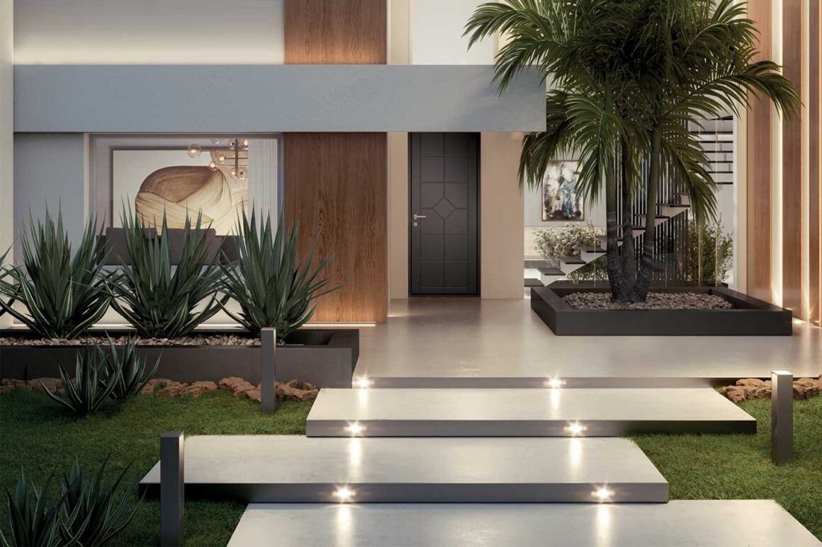 porte d'entrée coordonnée aux cadres de fenêtres