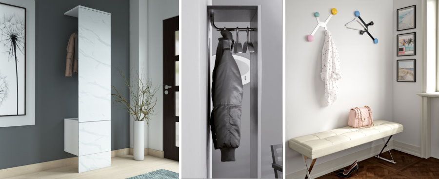 3 solutions pour suspendre les vestes à l'entrée : panneau de suspension dissimulé, miroir avec penderie arrière, patères décoratives