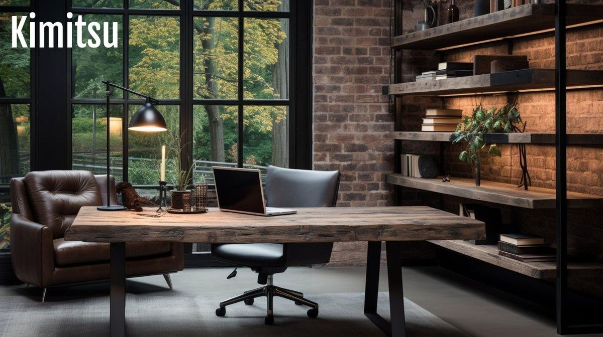 Bureau industriel: bois brut, cuir vintage et briques apparentes s'harmonisent en esprit factory.