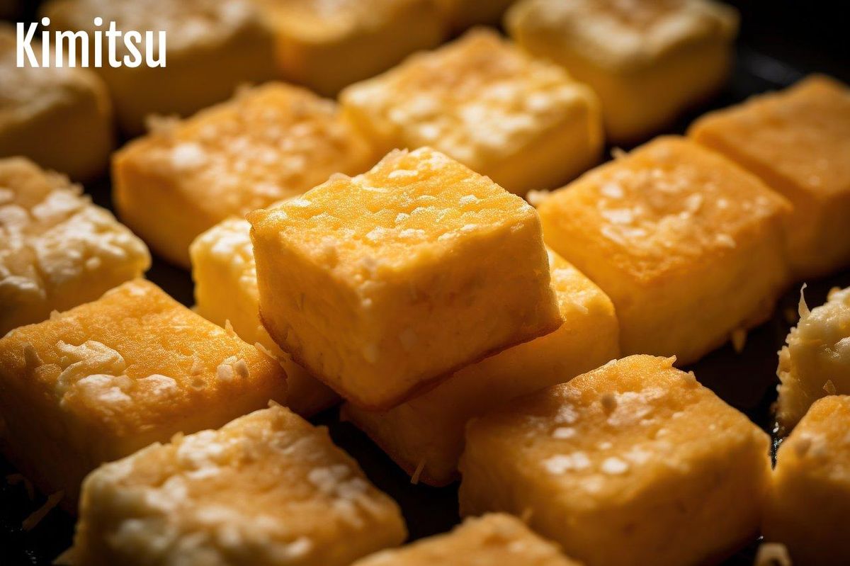 Carrés dorés de tofu montrant l'effet du pressage pour une texture parfaite.