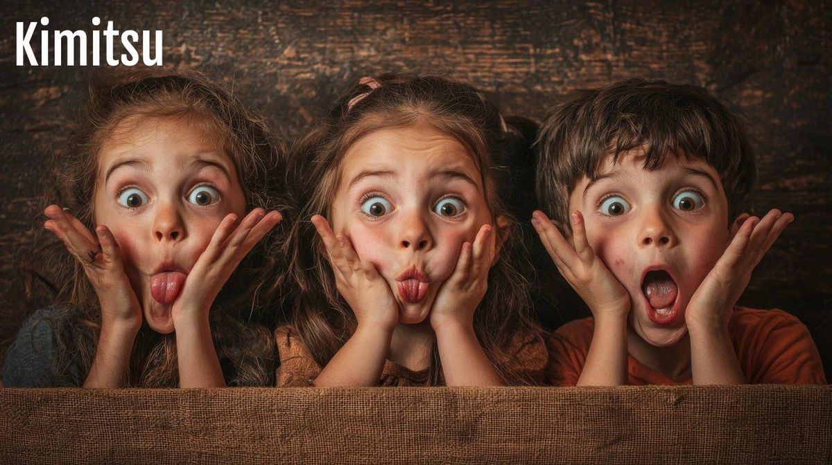 Émotions en folie : enfants explorant la joie et la surprise par des grimaces amusantes.