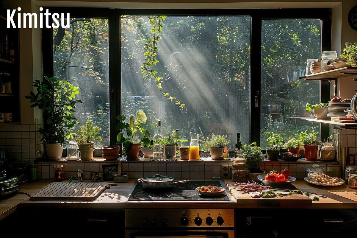 Lumière naturelle et plantes vibrantes créent une cuisine chaleureuse aux accents terreux.