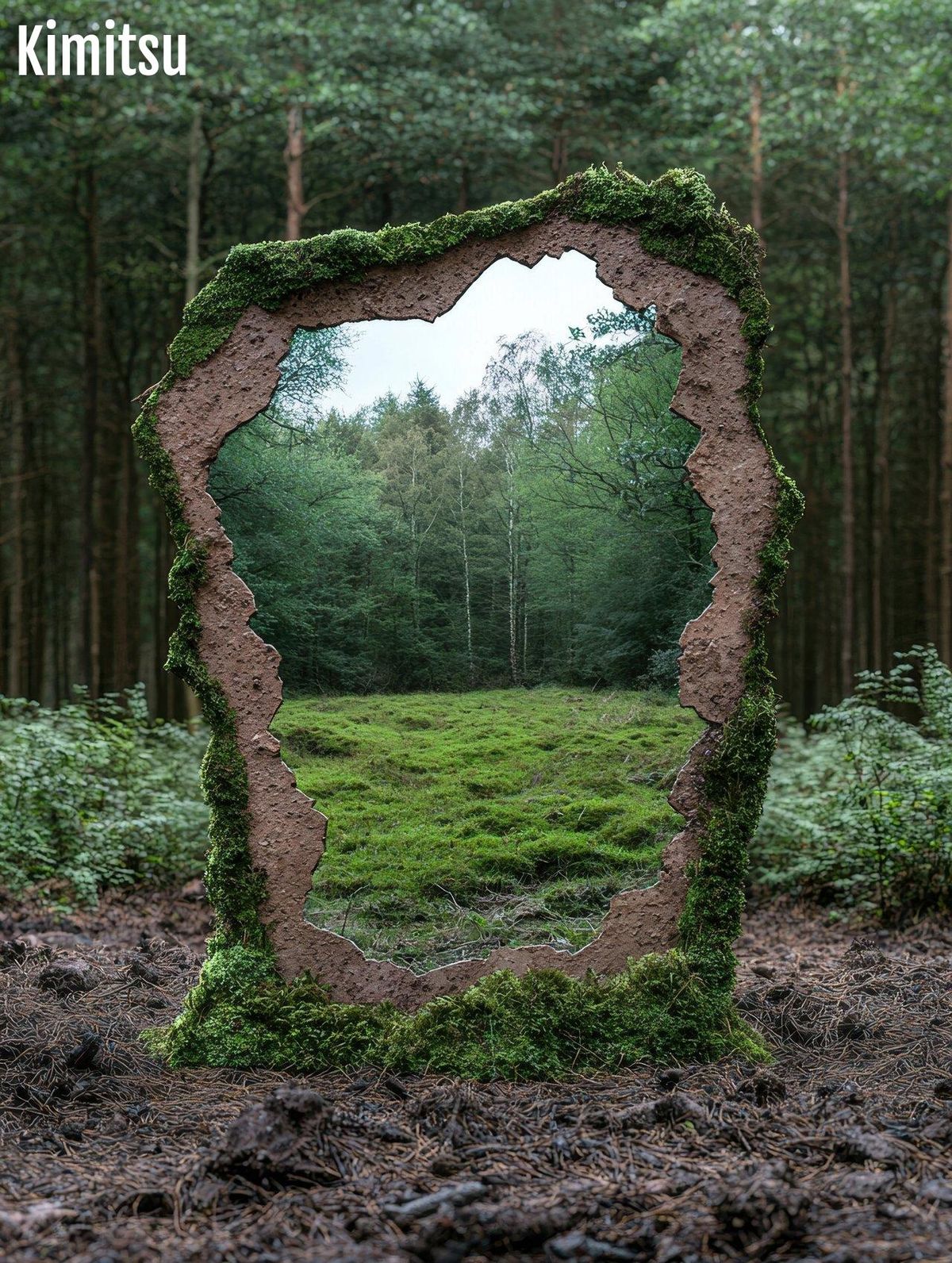 Miroir trompe-l'œil en forêt : fusion parfaite de profondeur et nature.