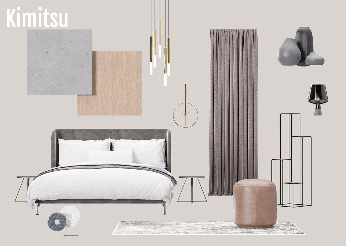 Planche d’échantillons de matières pour une décoration de chambre harmonieuse et cocooning.