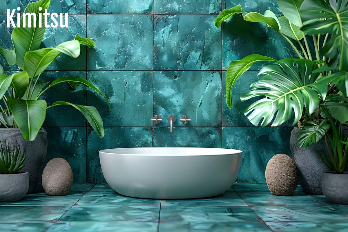 Plantes luxuriantes et carrelage bleu apaisent pour une salle de bain zen.