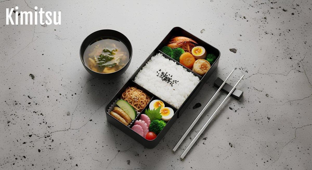 Une colorful compartmentalized bento box équilibrée avec légumes, protéines, fruits et riz pour un déjeuner sain.