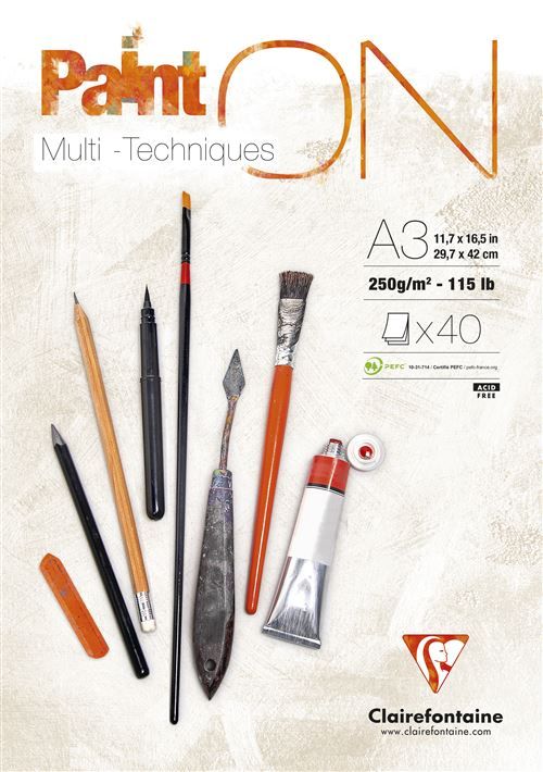 Bloc multi-technique Clairefontaine Paint On A3 40 Feuilles 250 g Blanc