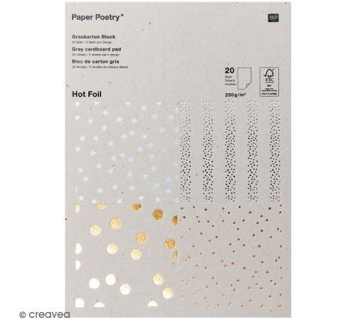 Bloc papier gris Hot foil - Pois et étoiles - 21 x 29 cm - 20 feuilles