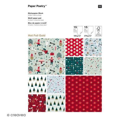 Bloc papier scrap A4 à motif - Hot foilGold - Noël Classique - 30 feuilles