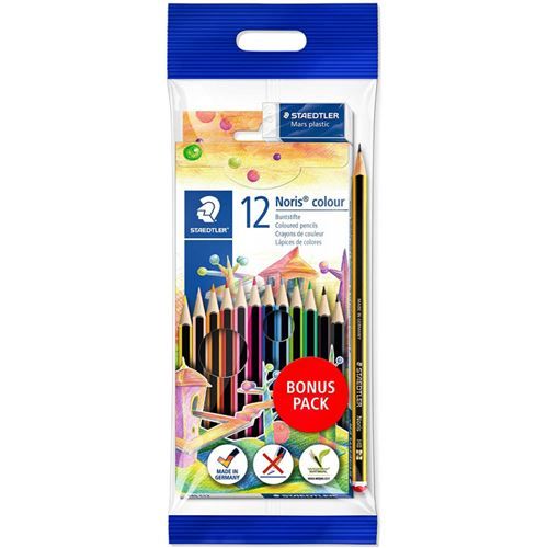 Boîte de 12 crayons couleur + 1 gomme Mars Plastic + 1 crayon graphite HB - Noris colour -Staedtler