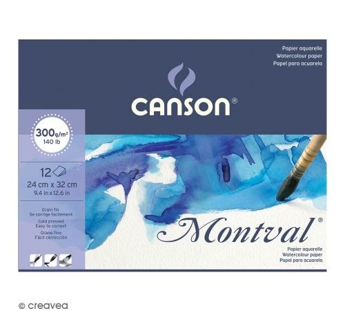 Canson Montval 200807319 Bloc Papier aquarelle 12 feuilles 300g Grain fin 24 x 32 cm Blanc naturel