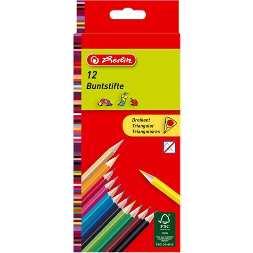 herlitz Crayons de couleur triangulaires, étui carton de 12