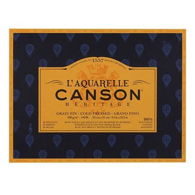 L'Aquarelle Canson Héritage Bloc collé 4 côtés 20 feuilles grain fin 300 g 23 x 31 cm Blanc