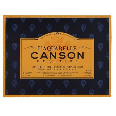 L'Aquarelle Canson Héritage Bloc collé 4 côtés 20 feuilles grain fin 300 g 31 x 41 cm Blanc