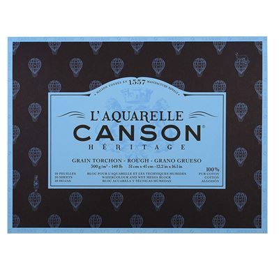 L'Aquarelle Canson Héritage Bloc collé 4 côtés 20 feuilles grain torchon 300 g 31 x 41 cm Blanc