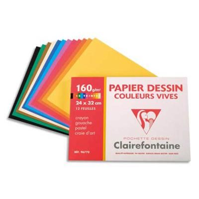Lot de 10 pochettes de 12 feuilles papier dessin couleur teintes vives 160g 24x32 Ref-96770