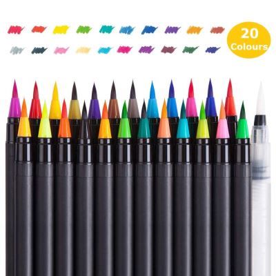 Lot de 20 stylos pinceaux - Fournitures artistiques - pour Livres de coloriage, à Faire soi-même - Esquisses, carnet, Calligraphie, Peinture - Pinceau à Eau avec Pointe Feutre Inclus