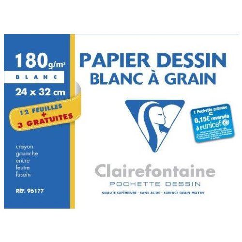 Pochette 15 feuilles de papier dessin Clairefontaine Blanc à grain