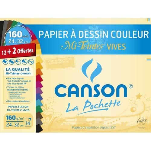 Pochette de 12 feuilles de couleur Canson Mi-teintes vives