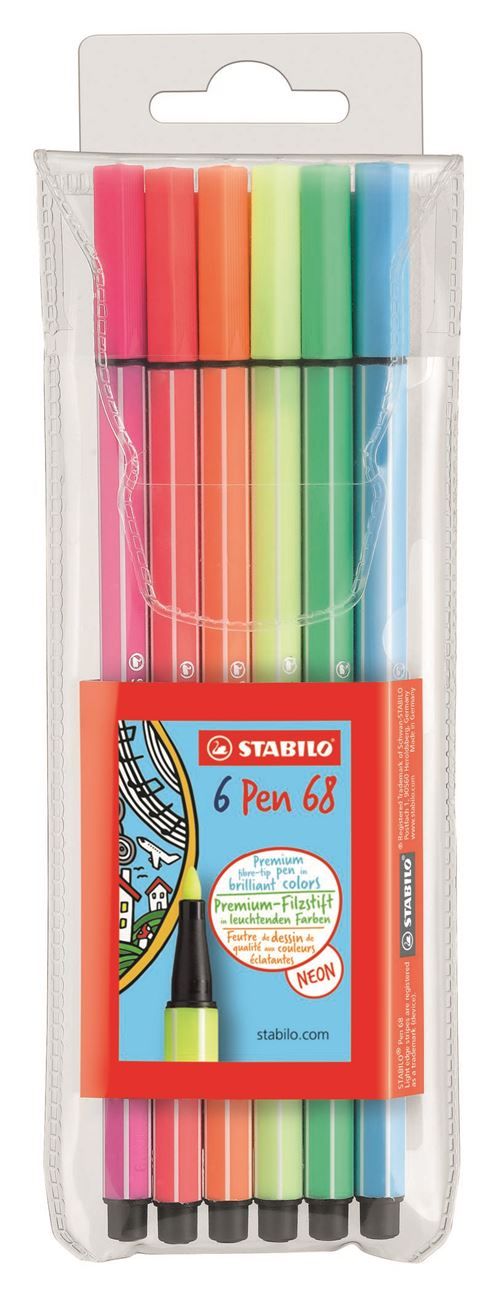 Pochette de 6 feutres Stabilo PEN 68 Fluo