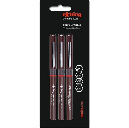 rOtring Tikky Graphic Lot de 3 feutres à pointe fine 0,1/0,3/0,5 mm, encre noire, blister