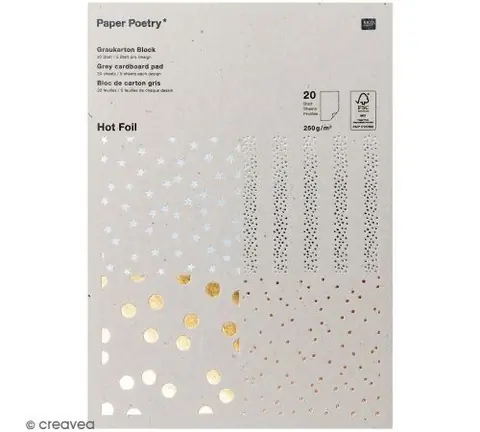Bloc papier gris Hot foil - Pois et étoiles - 21 x 29 cm - 20 feuilles