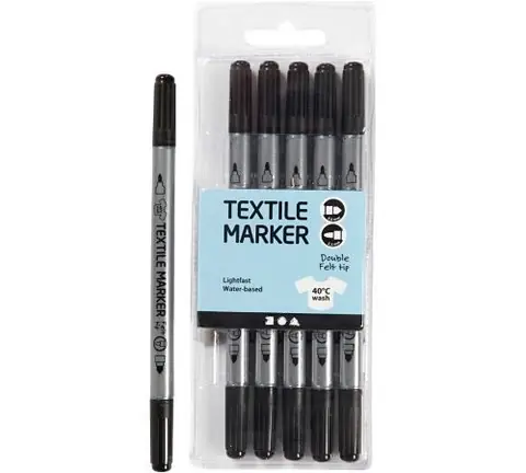 Feutres textiles double pointe - Noir - 6 pcs