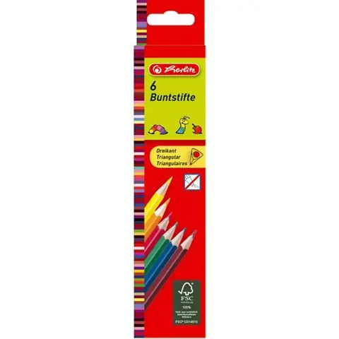 herlitz Crayons de couleur triangulaires, étui carton de 6
