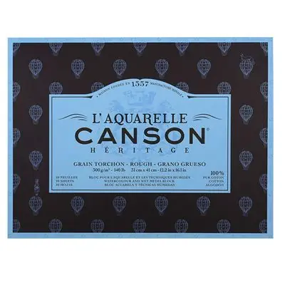 L'Aquarelle Canson Héritage Bloc collé 4 côtés 20 feuilles grain torchon 300 g 31 x 41 cm Blanc
