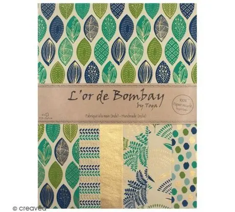 Papier recyclé l'Or de Bombay - Vert et bleu - 27,8 x 21,6 cm - 6 feuilles