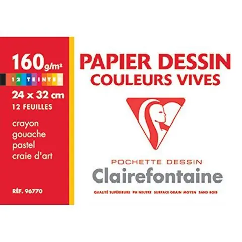 Pochette 12 feuilles de papier dessin Clairefontaine Couleurs vives