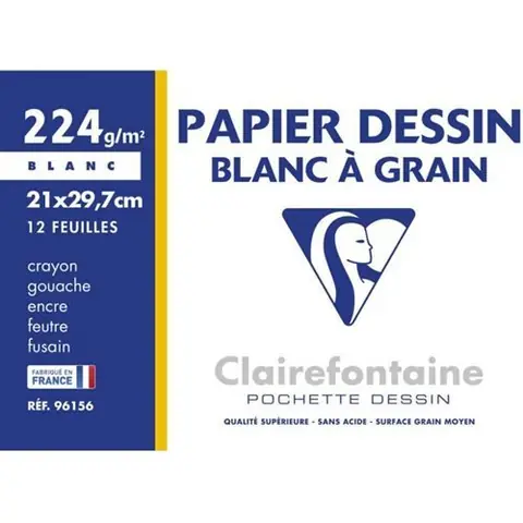 Pochette Papier Dessin Blanc Grain 12F - 21X29,7 Cm 224G - Clairefontaine