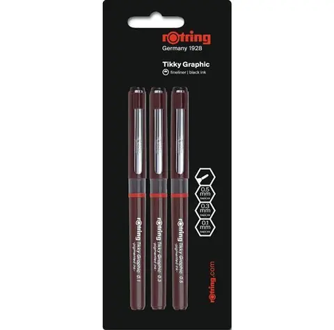 rOtring Tikky Graphic Lot de 3 feutres à pointe fine 0,1/0,3/0,5 mm, encre noire, blister