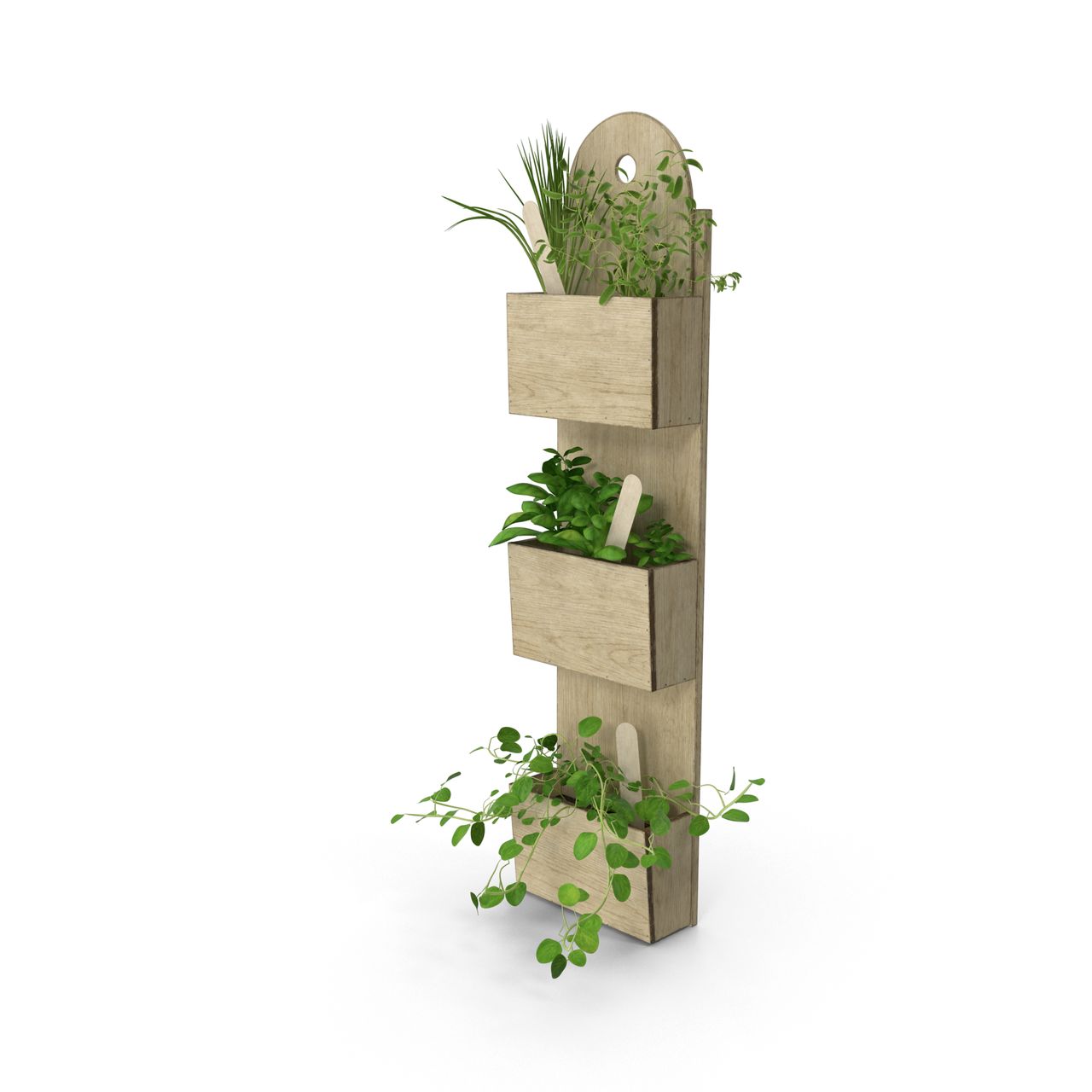 Jardinière verticale d’herbes aromatiques en appartement, en palette bois et pots terre cuite, ambiance lumineuse.