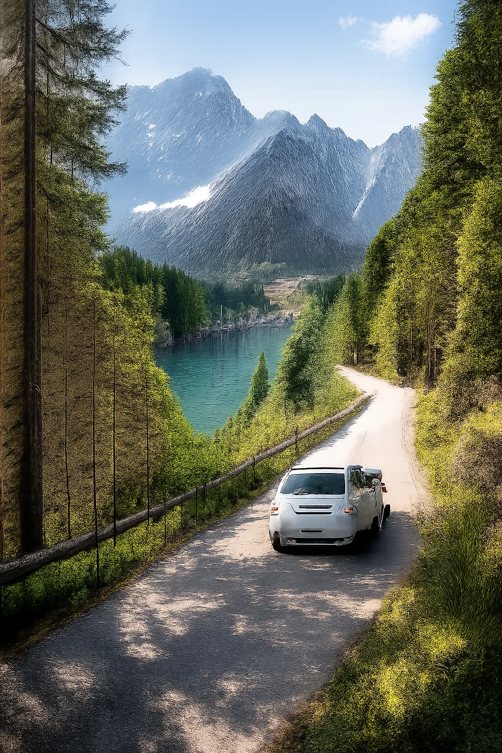 Route familiale en Slovénie avec lac alpin, forêt verdoyante et petite voiture de location sur la route.