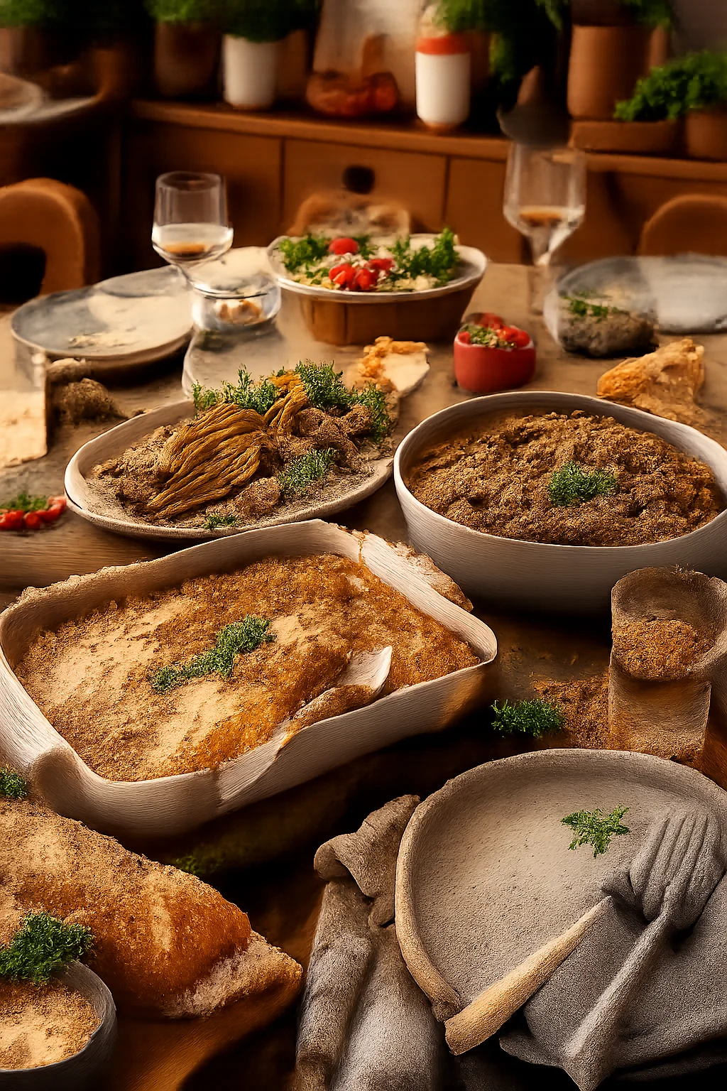 Table familiale conviviale avec gratin doré, lentilles et légumes de saison, pour un repas gourmand.